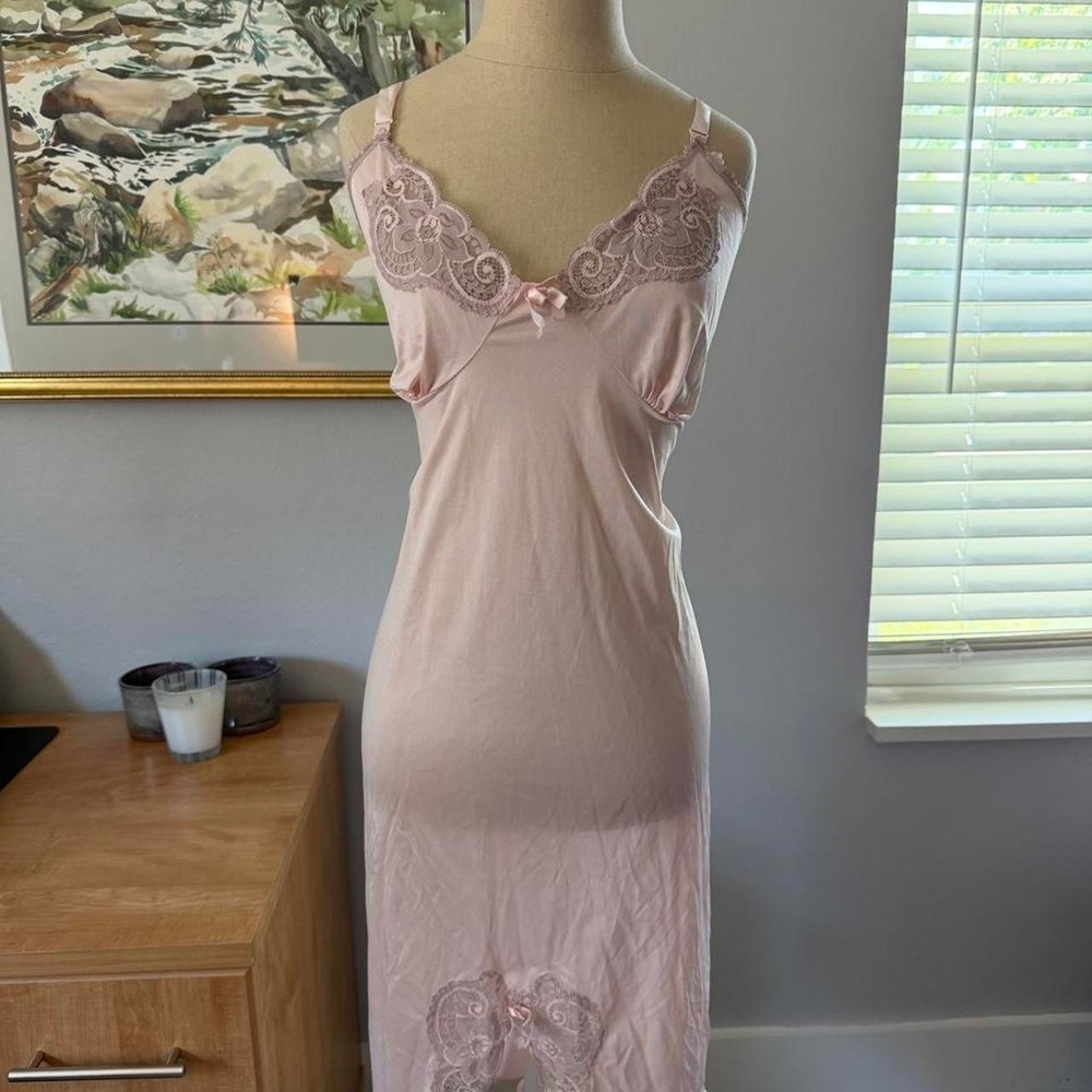 Vintage 70s Pink Lace Slip Dress Coquette Bow Lingerie Nightgown XL 44 USA Made